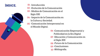 01
02
03
04
05
-Introducción
-Evolución de la Comunicación
-Medios de Comunicación en el
Siglo XXI
-Impacto de la Comunicación en
la Cultura y Sociedad.
-Comunicación Interpersonal en
el Mundo Digital.
ÍNDICE.
06
07
08
09
10
-Comunicación Empresarial y
Publicidad en la Era Digital
-Educación y Comunicación en
el Siglo XXI
-Futuro de la Comunicación
-Conclusiones
-Bibliografía.
 