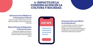 Tanto los medios tradicionales como los
digitales moldean nuestras percepciones
culturales
Influencia de los Medios en
la Percepción Cultural
Plataformas digitales permiten la
innovación en formas de expresión
cultural, desde memes hasta vídeos
virales
Nuevas Formas de Expresión
Cultural en Línea:
La comunicación, en todas sus formas,
impulsa el cambio social. Las redes
sociales sirven como herramientas para la
movilización y la concienciación pública,
facilitando la difusión de mensajes
Comunicación como Motor
de Cambio Social:
4- IMPACTO DE LA
COMUNICACIÓN EN LA
CULTURA Y SOCIEDAD.
 