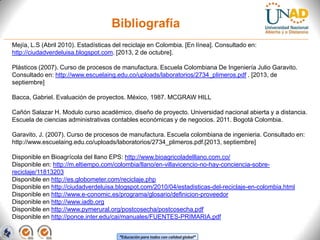 Bibliografía
Mejía, L.S (Abril 2010). Estadísticas del reciclaje en Colombia. [En línea]. Consultado en:
http://ciudadverdeluisa.blogspot.com. [2013, 2 de octubre].
Plásticos (2007). Curso de procesos de manufactura. Escuela Colombiana De Ingeniería Julio Garavito.
Consultado en: http://www.escuelaing.edu.co/uploads/laboratorios/2734_plimeros.pdf . [2013, de
septiembre]

Bacca, Gabriel. Evaluación de proyectos. México, 1987. MCGRAW HILL
Cañón Salazar H. Modulo curso académico, diseño de proyecto. Universidad nacional abierta y a distancia.
Escuela de ciencias administrativas contables económicas y de negocios. 2011. Bogotá Colombia.
Garavito, J. (2007). Curso de procesos de manufactura. Escuela colombiana de ingenieria. Consultado en:
http://www.escuelaing.edu.co/uploads/laboratorios/2734_plimeros.pdf.[2013, septiembre]
Disponible en Bioagrícola del llano EPS: http://www.bioagricoladelllano.com.co/
Disponible en: http://m.eltiempo.com/colombia/llano/en-villavicencio-no-hay-conciencia-sobrereciclaje/11813203
Disponible en http://es.globometer.com/reciclaje.php
Disponible en http://ciudadverdeluisa.blogspot.com/2010/04/estadisticas-del-reciclaje-en-colombia.html
Disponible en http://www.e-conomic.es/programa/glosario/definicion-proveedor
Disponible en http://www.iadb.org
Disponible en http://www.pymerural.org/postcosecha/postcosecha.pdf
Disponible en http://ponce.inter.edu/cai/manuales/FUENTES-PRIMARIA.pdf
“Educación para todos con calidad global”

 