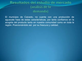 El municipio de Caicedo, no cuenta con una producción de
aguacate hass de estas características, por tanto confiamos en la
acogida del producto tanto en nuestra comunidad como en toda la
región. Posicionándolo así por su frescura y calidad.
 
