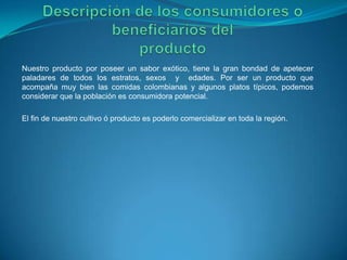 Nuestro producto por poseer un sabor exótico, tiene la gran bondad de apetecer
paladares de todos los estratos, sexos y edades. Por ser un producto que
acompaña muy bien las comidas colombianas y algunos platos típicos, podemos
considerar que la población es consumidora potencial.
El fin de nuestro cultivo ó producto es poderlo comercializar en toda la región.
 
