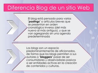 Diferencia Blog de un sitio Web
        El blog está pensado para varios
        "postings" o artículos breves que
        se presentan en orden
        cronológico inverso (del más
        nuevo al más antiguo), y que se
        van agregando sin una agenda
        predeterminada



       Los blogs son un espacio
       predominantemente de aficionados,
       de forma que los blogs permiten a sus
       autores o "bloggers" pasar de ser
       consumidores y observadores pasivos
       a ser entidades activas en la creación
       de contenidos y culturas.
 