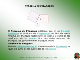 TEOREMA DE PITÁGORAS




El Teorema de Pitágoras establece que en un triángulo
rectángulo, el cuadrado de la hipotenusa (el lado de mayor
longitud del triángulo rectángulo) es igual a la suma de los
cuadrados de los catetos (los dos lados menores del
triángulo, los que conforman el ángulo recto).
Teorema de Pitágoras
En todo triángulo rectángulo el cuadrado de la hipotenusa es
igual a la suma de los cuadrados de los catetos.



           Maestría en Enseñanza de las Ciencias Exactas y Naturales - 2012
 