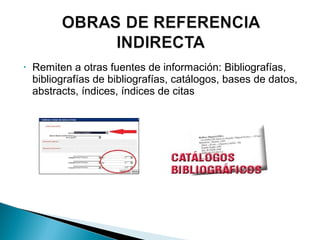 •

Remiten a otras fuentes de información: Bibliografías,
bibliografías de bibliografías, catálogos, bases de datos,
abstracts, índices, índices de citas

 