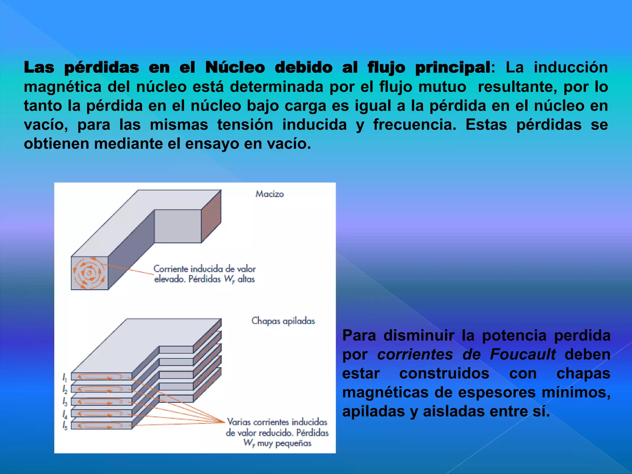 Para disminuir la potencia perdida
por corrientes de Foucault deben
estar construidos con chapas
magnéticas de espesores mínimos,
apiladas y aisladas entre sí.
Las pérdidas en el Núcleo debido al flujo principal: La inducción
magnética del núcleo está determinada por el flujo mutuo resultante, por lo
tanto la pérdida en el núcleo bajo carga es igual a la pérdida en el núcleo en
vacío, para las mismas tensión inducida y frecuencia. Estas pérdidas se
obtienen mediante el ensayo en vacío.
 