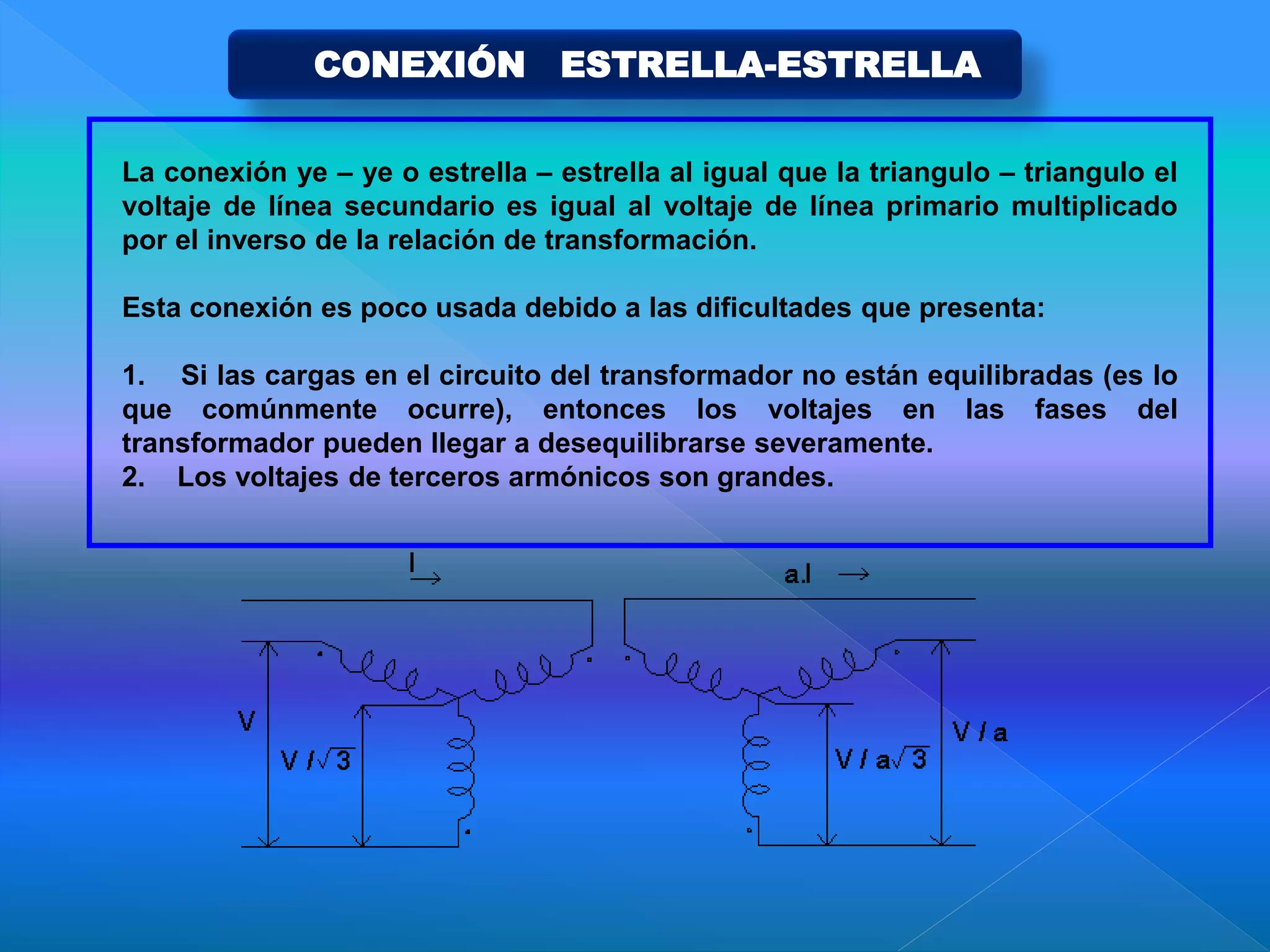 La conexión ye – ye o estrella – estrella al igual que la triangulo – triangulo el
voltaje de línea secundario es igual al voltaje de línea primario multiplicado
por el inverso de la relación de transformación.
Esta conexión es poco usada debido a las dificultades que presenta:
1. Si las cargas en el circuito del transformador no están equilibradas (es lo
que comúnmente ocurre), entonces los voltajes en las fases del
transformador pueden llegar a desequilibrarse severamente.
2. Los voltajes de terceros armónicos son grandes.
CONEXIÓN ESTRELLA-ESTRELLA
 