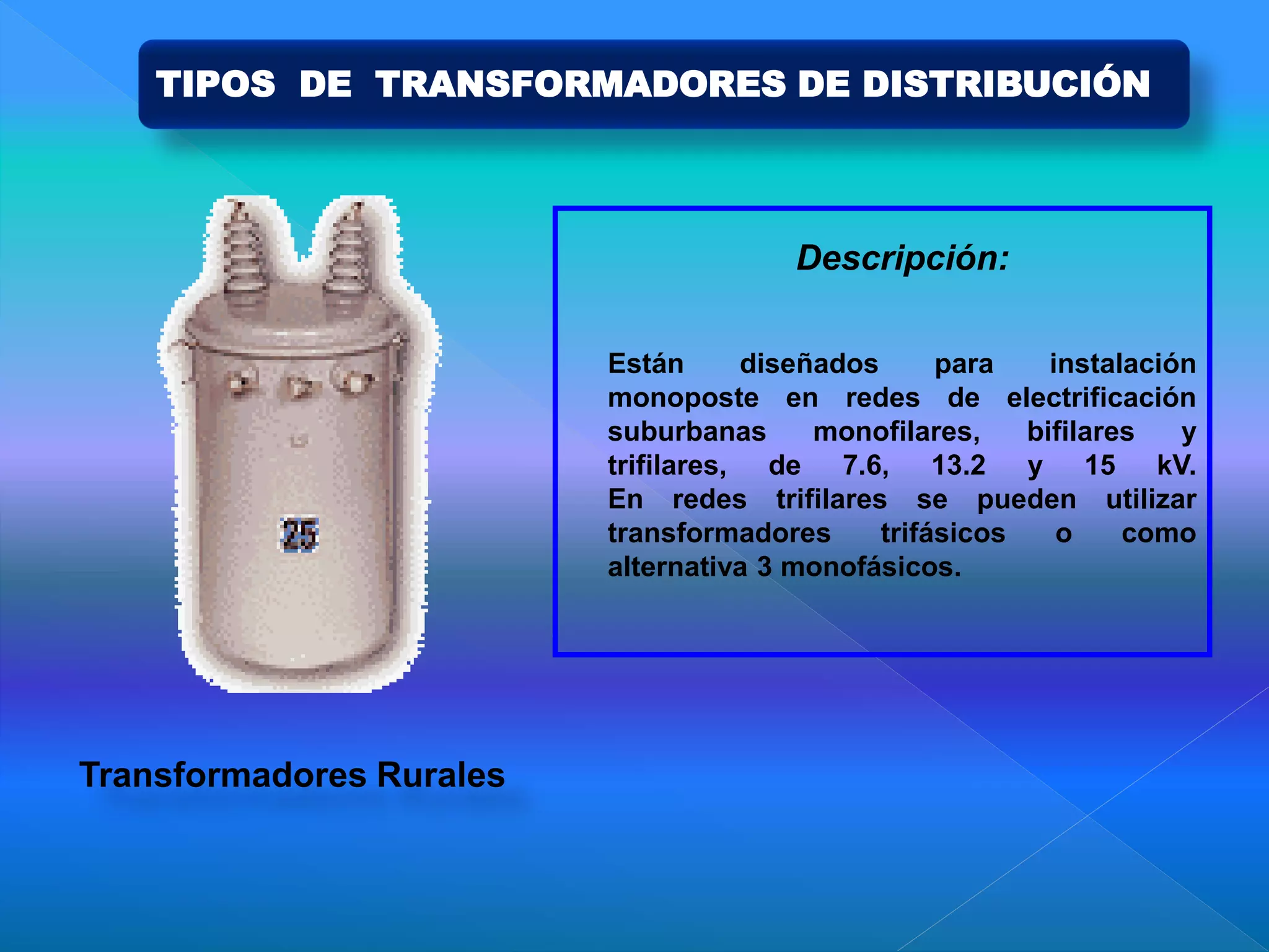 Descripción:
Están diseñados para instalación
monoposte en redes de electrificación
suburbanas monofilares, bifilares y
trifilares, de 7.6, 13.2 y 15 kV.
En redes trifilares se pueden utilizar
transformadores trifásicos o como
alternativa 3 monofásicos.
Transformadores Rurales
TIPOS DE TRANSFORMADORES DE DISTRIBUCIÓN
 