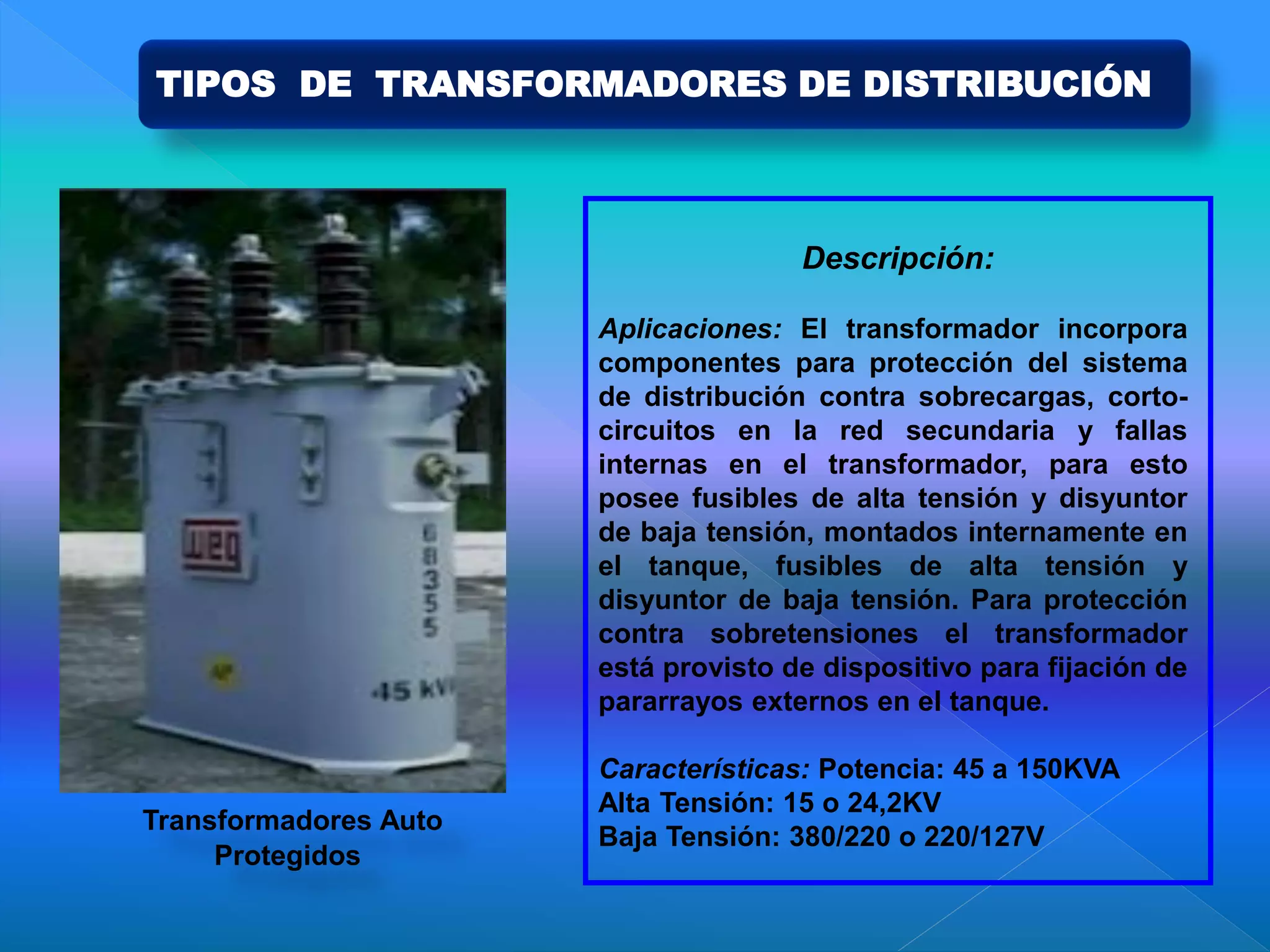 Descripción:
Aplicaciones: El transformador incorpora
componentes para protección del sistema
de distribución contra sobrecargas, corto-
circuitos en la red secundaria y fallas
internas en el transformador, para esto
posee fusibles de alta tensión y disyuntor
de baja tensión, montados internamente en
el tanque, fusibles de alta tensión y
disyuntor de baja tensión. Para protección
contra sobretensiones el transformador
está provisto de dispositivo para fijación de
pararrayos externos en el tanque.
Características: Potencia: 45 a 150KVA
Alta Tensión: 15 o 24,2KV
Baja Tensión: 380/220 o 220/127V
Transformadores Auto
Protegidos
TIPOS DE TRANSFORMADORES DE DISTRIBUCIÓN
 