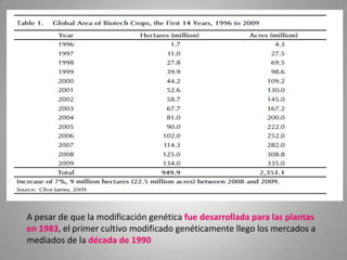 A pesar de que la modificación genética fue desarrollada para las plantas
en 1983, el primer cultivo modificado genéticamente llego los mercados a
mediados de la década de 1990
 