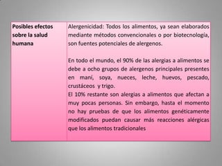 Posibles efectos   Alergenicidad: Todos los alimentos, ya sean elaborados
sobre la salud     mediante métodos convencionales o por biotecnología,
humana             son fuentes potenciales de alergenos.

                   En todo el mundo, el 90% de las alergias a alimentos se
                   debe a ocho grupos de alergenos principales presentes
                   en maní, soya, nueces, leche, huevos, pescado,
                   crustáceos y trigo.
                   El 10% restante son alergias a alimentos que afectan a
                   muy pocas personas. Sin embargo, hasta el momento
                   no hay pruebas de que los alimentos genéticamente
                   modificados puedan causar más reacciones alérgicas
                   que los alimentos tradicionales
 