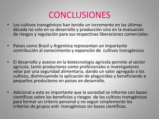 CONCLUSIONES
• Los cultivos transgénicos han tenido un incremento en las últimas
  década no solo en su desarrollo y producción sino en la evaluación
  de riesgos y regulación para sus respectivas liberaciones comerciales.

• Países como Brasil y Argentina representan un importante
  contribución al conocimiento y expansión de cultivos transgénicos

• El desarrollo y avance en la biotecnología agrícola permite al sector
  agrícola, tanto productores como profesionales e investigadores
  velar por una seguridad alimentaria, dando un valor agregado a los
  cultivos, disminuyendo la aplicación de plaguicidas y beneficiando a
  pequeños productores en países en desarrollo.

• Adicional a esto es importante que la sociedad se informe con bases
  científicas sobre los beneficios y riesgos de los cultivos transgénicos
  para formar un criterio personal y no seguir simplemente los
  criterios de grupos anti- transgénicos sin bases científicas.
 