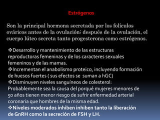 Estrógenos
Son la principal hormona secretada por los folículos
ováricos antes de la ovulación; después de la ovulación, el
cuerpo lúteo secreta tanto progesterona como estrógenos.
Desarrollo y mantenimiento de las estructuras
reproductoras femeninas y de los caracteres sexuales
femeninos y de las mamas.
Incrementan el anabolismo proteico, incluyendo formación
de huesos fuertes ( sus efectos se suman a hGC)
Disminuyen niveles sanguíneos de colesterol:
Probablemente sea la causa del porqué mujeres menores de
50 años tienen menor riesgo de sufrir enfermedad arterial
coronaria que hombres de la misma edad.
Niveles moderados inhiben inhiben tanto la liberación
de GnRH como la secreción de FSH y LH.
 