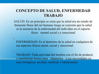 CONCEPTO DE SALUD, ENFERMEDAD
              TRABAJO
SALUD: En un principio se creía que la salud era un estado de
bienestar físico del ser humano luego se concreto que la salud
 es la ausencia de la enfermedad del individuo en el aspecto
              físico mental social s y emocional


    ENFERMEDAD: Es el deterioro de la salud en cualquiera de
    sus aspectos físicos metal, social y emocional.


    TRABAJO: Toda actividad del hombre con el fin de producir
    y transformar bienes para adaptarlos a sus necesidades ya
    sean biológicas, sociales, estéticas e intelectuales.
 