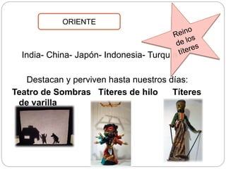 India- China- Japón- Indonesia- Turquía
Destacan y perviven hasta nuestros días:
Teatro de Sombras Títeres de hilo Títeres
de varilla
ORIENTE
 