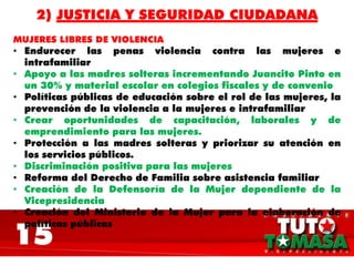 15
2) JUSTICIA Y SEGURIDAD CIUDADANA
MUJERES LIBRES DE VIOLENCIA
• Endurecer las penas violencia contra las mujeres e
intrafamiliar
• Apoyo a las madres solteras incrementando Juancito Pinto en
un 30% y material escolar en colegios fiscales y de convenio
• Políticas públicas de educación sobre el rol de las mujeres, la
prevención de la violencia a la mujeres e intrafamiliar
• Crear oportunidades de capacitación, laborales y de
emprendimiento para las mujeres.
• Protección a las madres solteras y priorizar su atención en
los servicios públicos.
• Discriminación positiva para las mujeres
• Reforma del Derecho de Familia sobre asistencia familiar
• Creación de la Defensoría de la Mujer dependiente de la
Vicepresidencia
• Creación del Ministerio de la Mujer para la elaboración de
políticas públicas
 