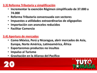 20
3.3) Reforma Tributaria y simplificación
• Incrementar la exención Régimen simplificado de 37.000 a
74.000
• Reforma Tributaria consensuada con sectores
• Impuestos a utilidades extraordinarias de oligopolios
• Importación con aranceles reducidos
• Facilitar Comercio
3.4) Apertura de mercados
• Como México, Perú y Nicaragua, abrir mercados de Asia,
Europa, Norte América, Latinoamérica, África
• Exportaremos productos no insultos
• Impulso al Turismo
• Gravitación en la Alianza del Pacífico
 