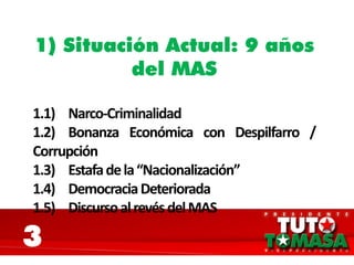 1) Situación Actual: 9 años
del MAS
1.1) Narco-Criminalidad
1.2) Bonanza Económica con Despilfarro /
Corrupción
1.3) Estafadela“Nacionalización”
1.4) DemocraciaDeteriorada
1.5) DiscursoalrevésdelMAS
3
 