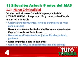 1) Situación Actual: 9 años del MAS
1.1) Narco Criminalidad
Cocaína producida con Coca del Chapare, capital del
NEOLIBERALISMO (Libre producción y comercialización, sin
impuestos ni control)
• Cocaína para delincuentes/cárteles extranjeros, es miel
para las abejas
• Narco delincuencia: Contrabando, Corrupción, Asesinatos,
Cogoteros, Auteros, Pandilleros
• Narco corrupción contamina a jueces, fiscales, policías,
gobierno
• Narco-impunidad para gobernantes
• Gobierno del MAS no puede combatir lo que protege
4
 