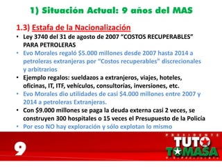 1) Situación Actual: 9 años del MAS
1.3) Estafa de la Nacionalización
• Ley 3740 del 31 de agosto de 2007 “COSTOS RECUPERABLES”
PARA PETROLERAS
• Evo Morales regaló $5.000 millones desde 2007 hasta 2014 a
petroleras extranjeras por “Costos recuperables” discrecionales
y arbitrarios
• Ejemplo regalos: sueldazos a extranjeros, viajes, hoteles,
oficinas, IT, ITF, vehículos, consultorías, inversiones, etc.
• Evo Morales dio utilidades de casi $4.000 millones entre 2007 y
2014 a petroleras Extranjeras.
• Con $9.000 millones se paga la deuda externa casi 2 veces, se
construyen 300 hospitales o 15 veces el Presupuesto de la Policía
• Por eso NO hay exploración y sólo explotan lo mismo
9
 