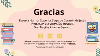 CREDITS: This presentation template was created by Slidesgo, and
includes icons by Flaticon, and infographics & images by Freepik
Gracias
Escuela Normal Superior Sagrado Corazón de Jesús
PROGRAMA DE FORMACIÓN DOCENTE
Dra. Nayibe Altamar Serrano
Please keep this slide for attribution
 