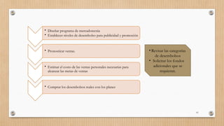 61
• Diseñar programa de mercadotecnia
• Establecer niveles de desembolso para publicidad y promoción
• Pronosticar ventas.
• Estimar el costo de las ventas personales necesarias para
alcanzar las metas de ventas
• Comprar los desembolsos reales con los planes
• Revisar las categorías
de desembolsos
• Solicitar los fondos
adicionales que se
requieran.
 