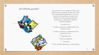 ¿En Dónde gastarlo?
Los gerentes de ventas establecen cifras metas
para las diversas categorías de gastos de ventas
para cada periodo de planeación. La meta es
mantener los desembolsos actuales o por
debajo de las cifras presupuestadas para
asegurar que se alcancen los objetivos
financieros globales.
Los gastos son :
 sueldos, comisiones y bonificaciones de la
fuerza de ventas.
sueldos, comisiones y bonificaciones del
gerente de ventas.
 Seguridad social.
 Planes de jubilación.
 Automóvil.
Viajes, comidas alojamiento y entrenamiento.
62
 