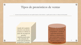 Tipos de pronósticos de ventas
• Se tienen dos tipos de pronósticos de ventas aquellos basados en datos históricos y aquellos para los cuales no se dispone de cifras pasadas.
66
Jurado de la opinión
ejecutiva: esta técnica
consiste en solicitar el
juicio de un grupo de
gerentes
experimentados para
dar estimados de
ventas para productos
propuestos y actuales.
Encuestas al consumidor:
Contactan a una muestra de
compradores (mediante
entrevistas personales,
teléfono o cuestionarios
por correo) para evaluar
qué productos y cantidades
esperan comprar en un
periodo futuro.
 