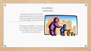 Estabilidad y
continuidad
Aunque las organización de ventas
están compuestas por seres humanos,
el enfoque organizacional deberá recaer
en las actividades, no en las personas.
Para lograr estabilidad y continuidad,
las actividades deberán organizarse en
busca del logro más eficaz y eficiente
de objetivos de rendimiento.
69
 