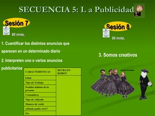 SECUENCIA 5: L a Publicidad 90 mnts. Sesión 7 Sesión 8 3. Somos creativos   1. Cuantificar los distintos anuncios que  aparecen en un determinado diario   2. Interpreten uno o varios anuncios  publicitarios   60 mnts. Etc. ¿Dónde podía vivir? Manera de vestir Tipo de vehículo Costumbres Posibles hábitos de la persona Tipo de Trabajo Edad RETRATO ROBOT CARACTERISTICAS 