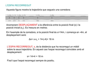 Anomenem  DESPLAÇAMENT  a la diferència entre la posició final (x) i la posició inicial (x o ). Es mesura en  metres. En l’exemple de la corredora, si la posició final és x=14m, i comença en -4m, el desplaçament serà: Δ x= x-x o  = 14-(-4)= 18 m L’ESPAI RECORREGUT ,  s , és la distància que ha recorregut un mòbil sobre la seua trajectòria. En aquest cas l’espai recorregut coincideix amb el desplaçament: s= 14+4 = 18 m Fixa’t que l’espai recorregut sempre és positiu. L’ESPAI RECORREGUT Aquesta figura mostra la trajectòria que segueix una corredora: 