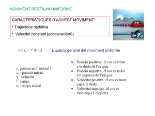 MOVIMENT RECTILINI UNIFORME Equació general del moviment uniforme <ul><li>CARACTERÍSTIQUES D’AQUEST MOVIMENT: </li></ul><u...