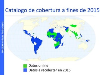 UNESCOInstituteforStatistics
Catalogo de cobertura a fines de 2015
Datos online
Datos a recolectar en 2015
 