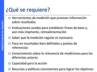 UNESCOInstituteforStatistics
¿Qué se requiere?
 Herramientas de medición que provean información
sobre resultados
 Evaluaciones usadas para establecer líneas de base y,
aún más imprtante, retroalimentación
 Saber que la medición regular es necesaria
 Foco en resultados bien definidos y puntos de
referencias
 Conocimiento sobre la relevancia de mediciones para los
diferentes actores
 Capacidad para la acción
 Recursos y políticas consistentes para lograr los objetivos
 