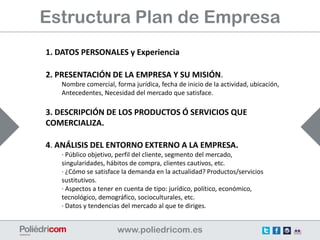 Estructura Plan de Empresa
1. DATOS PERSONALES y Experiencia

2. PRESENTACIÓN DE LA EMPRESA Y SU MISIÓN.
   Nombre comercial, forma jurídica, fecha de inicio de la actividad, ubicación,
   Antecedentes, Necesidad del mercado que satisface.

3. DESCRIPCIÓN DE LOS PRODUCTOS Ó SERVICIOS QUE
COMERCIALIZA.

4. ANÁLISIS DEL ENTORNO EXTERNO A LA EMPRESA.
   · Público objetivo, perfil del cliente, segmento del mercado,
   singularidades, hábitos de compra, clientes cautivos, etc.
   · ¿Cómo se satisface la demanda en la actualidad? Productos/servicios
   sustitutivos.
   · Aspectos a tener en cuenta de tipo: jurídico, político, económico,
   tecnológico, demográfico, socioculturales, etc.
   · Datos y tendencias del mercado al que te diriges.
 