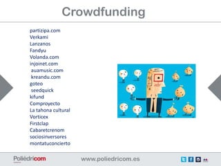 Crowdfunding
partizipa.com
Verkami
Lanzanos
Fandyu
Volanda.com
injoinet.com
 auamusic.com
 kreandu.com
goteo
 seedquick
kifund
Comproyecto
La tahona cultural
Vorticex
Firstclap
Cabaretcrenom
sociosinversores
montatuconcierto
 