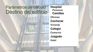 Parámetros de cálculo
Destino del edificio
Hospital
Personas
Camillas
Oficinas
Cocheras
Vivienda
Colegio
Comercio
Juzgado
Hotel
 