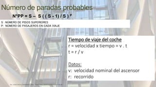 Número de paradas probables
N°PP = S – S ( ( S - 1) / S ) P
S : NÚMERO DE PISOS SUPERIORES
P: NÚMERO DE PASAJEROS EN CADA VIAJE
Tiempo de viaje del coche
r = velocidad x tiempo = v . t
t = r / v
Datos:
v: velocidad nominal del ascensor
r: recorrido
 