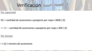 Verificación
Por capacidad
HC = cantidad de ascensores x pasajeros por viaje x 3600 / (t)
=> 5C = cantidad de ascensores x pasajeros por viaje x 300 / (t)
Por tiempo
i = (t) / número de ascensores
 