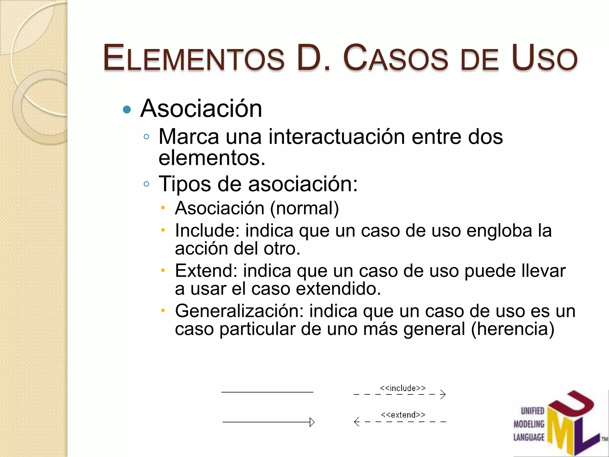 ELEMENTOS D. CASOS DE USO
    Asociación
     ◦ Marca una interactuación entre dos
       elementos.
     ◦ Tipos de asociación:
       Asociación (normal)
       Include: indica que un caso de uso engloba la
        acción del otro.
       Extend: indica que un caso de uso puede llevar
        a usar el caso extendido.
       Generalización: indica que un caso de uso es un
        caso particular de uno más general (herencia)
 