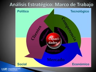 Político
Social
Tecnológico
Económico
Mercado
Capaci-
dades
Estrategias
Capaci-
dades
 