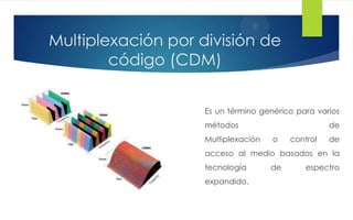 Multiplexación por división de
código (CDM)
Es un término genérico para varios
métodos de
Multiplexación o control de
acceso al medio basados en la
tecnología de espectro
expandido.
 
