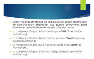  Existen muchas estrategias de Multiplexación según el protocolo
de comunicación empleado, que puede combinarlas para
alcanzar el uso más eficiente; los más utilizados como:
 La multiplexación por división de tiempo o TDM (Time división
multiplexing).
 La multiplexación por división de frecuencia o FDM (Frequency-
división multiplexing)
 La multiplexación por división de longitud de onda WDM (de
Wavelength).
 La multiplexación por división en código CDM (Code división
multiplexing)
 