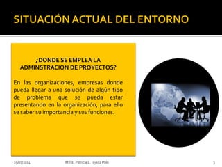 29/07/2014 M.T.E. Patricia L.Tejeda Polo 3
¿DONDE SE EMPLEA LA
ADMINSTRACION DE PROYECTOS?
En las organizaciones, empresas donde
pueda llegar a una solución de algún tipo
de problema que se pueda estar
presentando en la organización, para ello
se saber su importancia y sus funciones.
 
