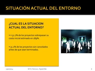 29/07/2014 M.T.E. Patricia L.Tejeda Polo 6
¿CUAL ES LA SITUACION
ACTUAL DEL ENTORNO?
• • 52.7% de los proyectos sobrepasan su
costo inicial estimado en 189%.
• 31.1% de los proyectos son cancelados
antes de que sean terminados.
 