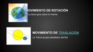 MOVIMIENTO DE ROTACIÓN
La tierra gira sobre sí misma
MOVIMIENTO DE TRASLACIÓN
La Tierra se gira alrededor del Sol
 