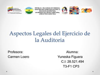 Aspectos Legales del Ejercicio de
la Auditoria
Profesora: Alumna:
Carmen Loero Yuneska Figuera
C.I: 28.521.494
T3-F1 CP3
 