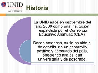 Historia 
La UNID nace en septiembre del 
año 2000 como una institución 
respaldada por el Consorcio 
Educativo Anáhuac (CEA). 
Desde entonces, su fin ha sido el 
de contribuir a un desarrollo 
positivo y adecuado del país, 
ofreciendo alta calidad 
universitaria y de posgrado. 
 