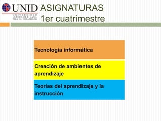 ASIGNATURAS 
1er cuatrimestre 
Tecnología informática 
Creación de ambientes de 
aprendizaje 
Teorías del aprendizaje y la 
instrucción 
 
