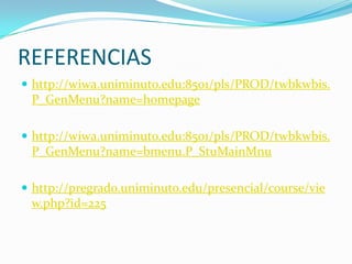 REFERENCIAS
 http://wiwa.uniminuto.edu:8501/pls/PROD/twbkwbis.
P_GenMenu?name=homepage
 http://wiwa.uniminuto.edu:8501/pls/PROD/twbkwbis.
P_GenMenu?name=bmenu.P_StuMainMnu
 http://pregrado.uniminuto.edu/presencial/course/vie
w.php?id=225
 