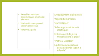 
Restableix relacions
diplomàtiques amb Cuba i
Vietnam

Nacionalitza empreses i
sectors productius

Reforma agrària
Embargament al poble xilè
Vagues d'empresaris
“caceroladas”
Sabotatge instal.lacions
elèctriques
Entrenament de joves
militars xilens al Brasil
“Patria y Libertad”
La democraciacristiana
deixa de donar suport a
Allende”
 